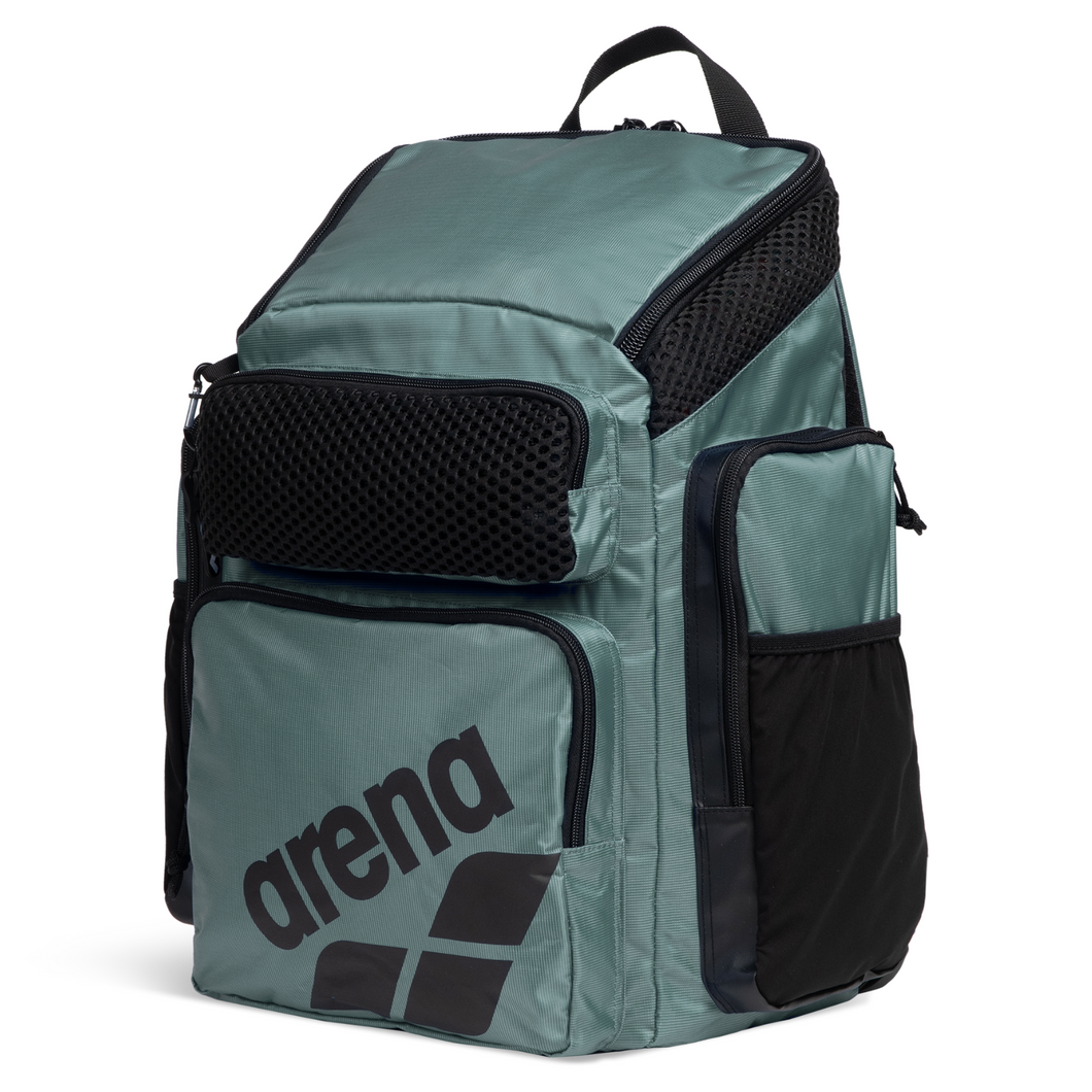 Sage green and black top-loading arena backpack with multiple pockets on a white background