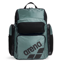 Load image into Gallery viewer, Sage green top-loading arena backpack with multiple pockets on a white background
