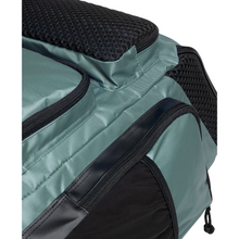Load image into Gallery viewer, Close-up of a sage green and black backpack with mesh accents
