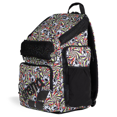 Top-loading arena backpack with red, yellow, black and white skull pattern on a white background