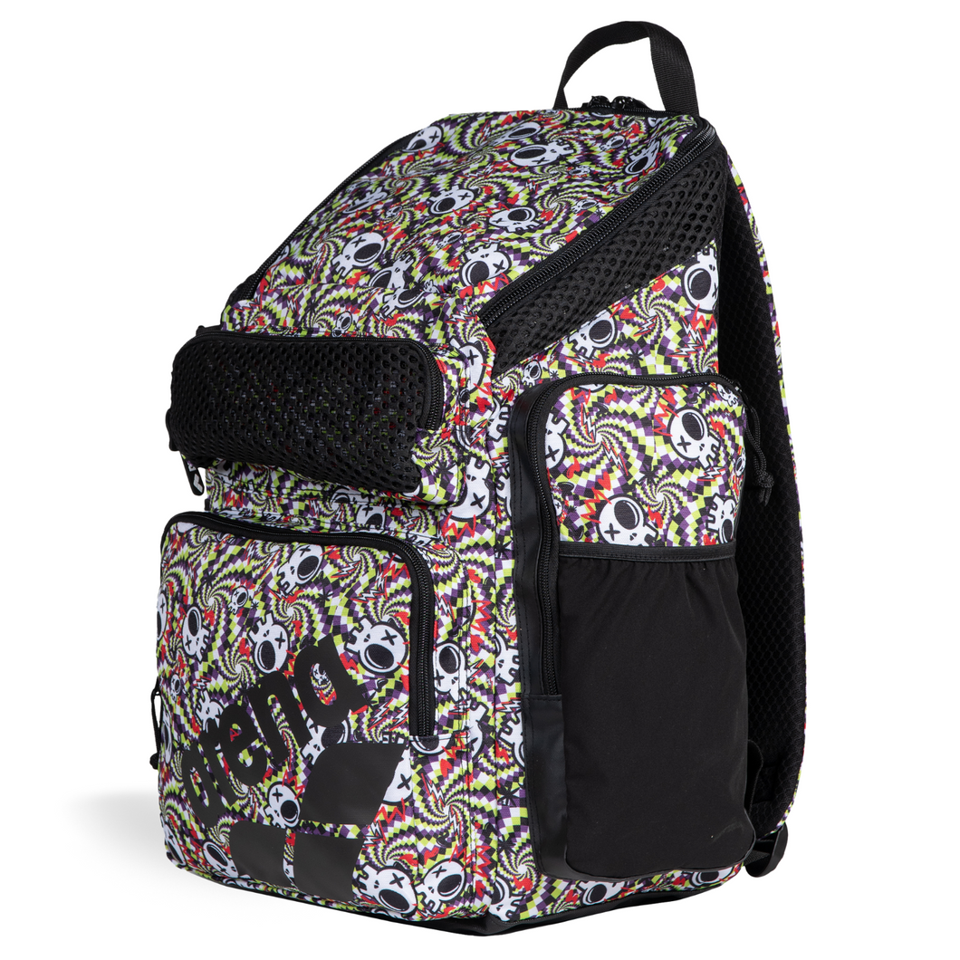 Top-loading arena backpack with red, yellow, black and white skull pattern on a white background