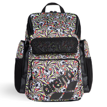 Load image into Gallery viewer, Top-loading arena backpack with red, yellow, black and white skull pattern on a white background
