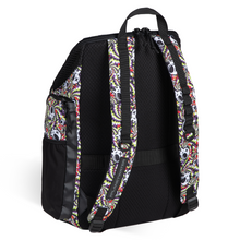 Load image into Gallery viewer, Black arena backpack with red, yellow, black and white skull pattern straps on a white background
