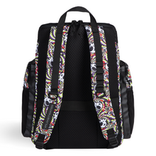 Load image into Gallery viewer, Black arena backpack with red, yellow, black and white skull pattern straps on a white background
