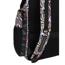 Load image into Gallery viewer, Black backpack with colorful patterned straps on a white background
