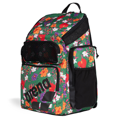 Top-loading floral-patterned green, red, orange, purple, white backpack with 'arena' branding on a white background