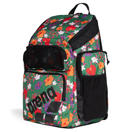 Top-loading floral-patterned green, red, orange, purple, white backpack with 'arena' branding on a white background
