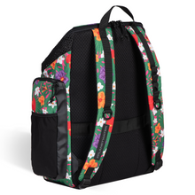 Load image into Gallery viewer, Black backpack with colorful floral straps on a white background
