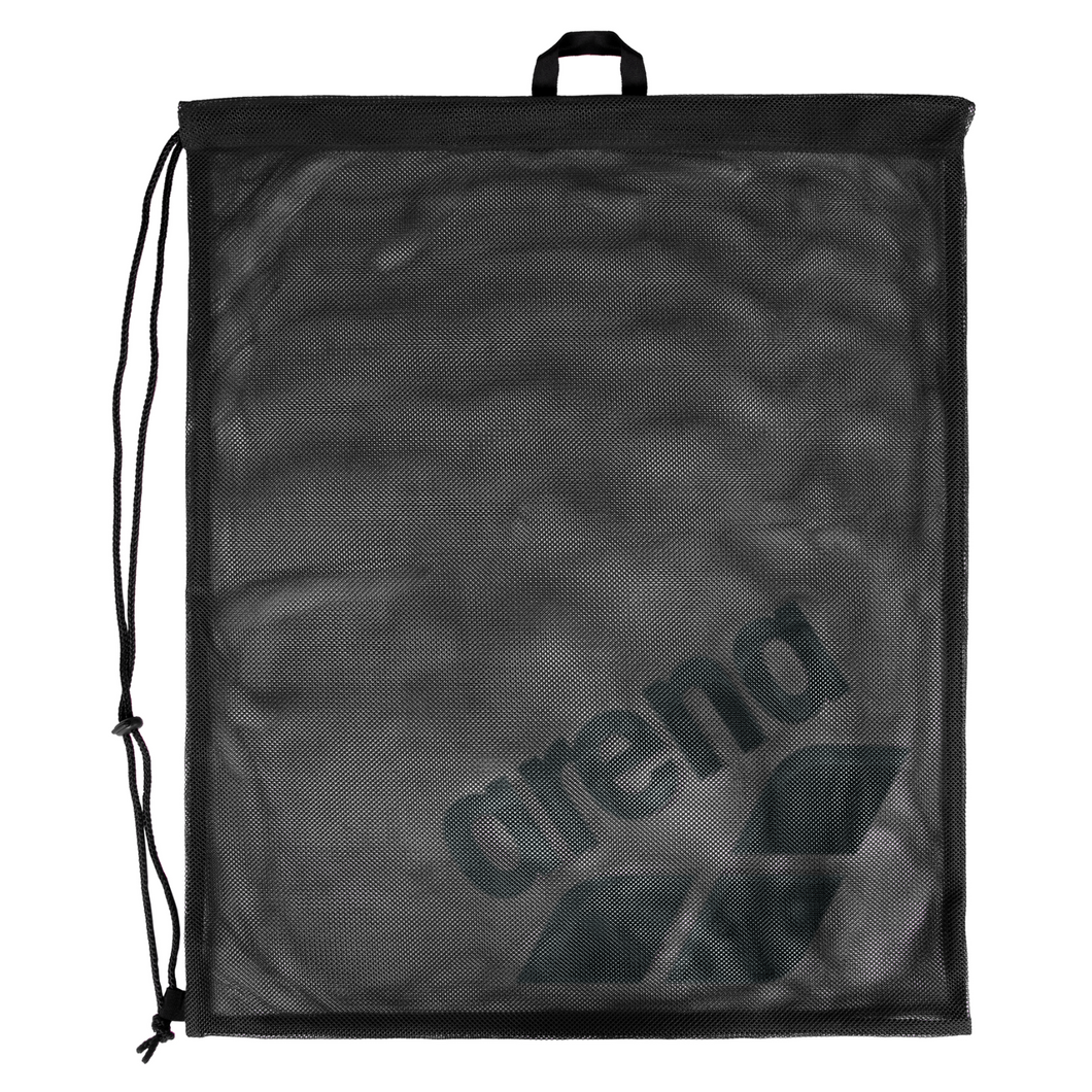 Black mesh drawstring bag with 'arena' branding on a white background