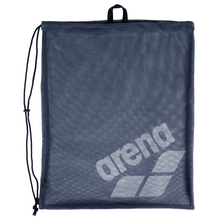 Load image into Gallery viewer, Navy blue mesh drawstring bag with &#39;arena&#39; branding on a white background
