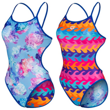 Load image into Gallery viewer,     arena-womens-reversible-swimsuit-allover-challenge-back-neon-blue-multi-005897-700-ontario-swim-hub-1
