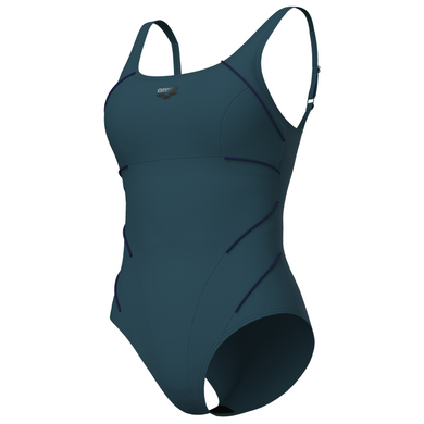 Teal shapewear swimsuit with a brand logo on a white background