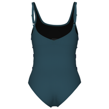 Load image into Gallery viewer, Teal swimsuit with black interior lining on a white background
