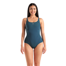 Load image into Gallery viewer, Woman wearing a teal shapewear swimsuit on a white background
