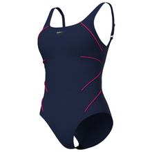 Load image into Gallery viewer, Navy blue shapewear swimsuit with pink accents on a white background
