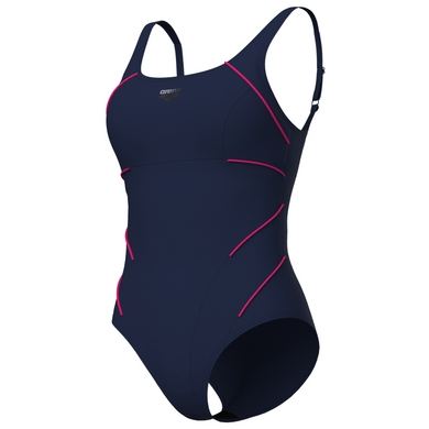 Navy blue shapewear swimsuit with pink accents on a white background