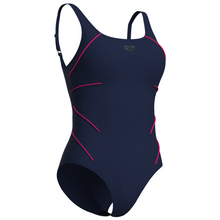 Load image into Gallery viewer, Navy blue swimsuit with pink accents on a white background
