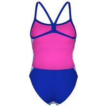 Load image into Gallery viewer, arena-womens-swimsuit-blurred-challenge-back-white-multi-neon-blue-neon-blue-010763-590-ontario-swim-hub-4

