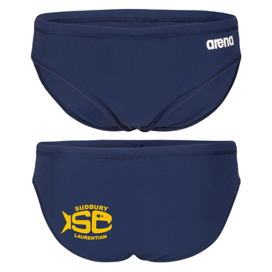 Navy Arena swim briefs with Sudbury Laurentian Swim Club logo on the back left