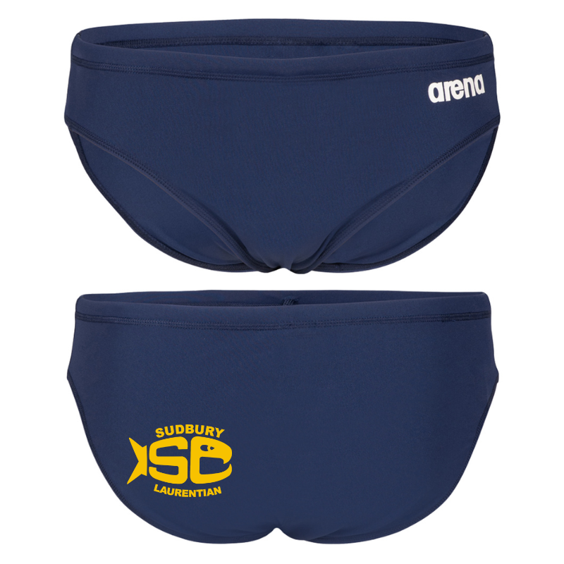 Navy Arena swim briefs with Sudbury Laurentian Swim Club logo on the back left