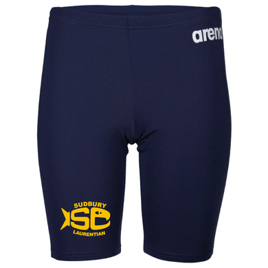 Navy Arena swim jammers with Sudbury Laurentian Swim Club logo on the front bottom right leg