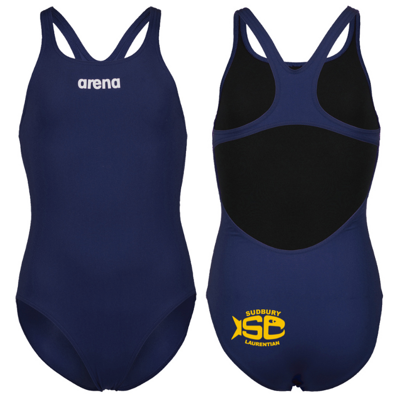 Navy one-piece Arena swimsuit with Sudbury Laurentian Swim Club logo on the back bottom left