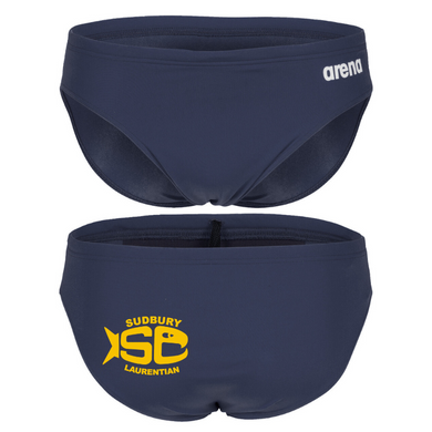 Navy Arena swim briefs with Sudbury Laurentian Swim Club logo on the back left