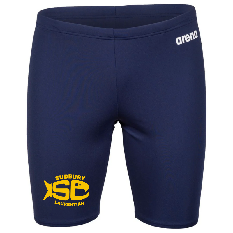 Navy Arena swim jammers with Sudbury Laurentian Swim Club logo on the front bottom right leg