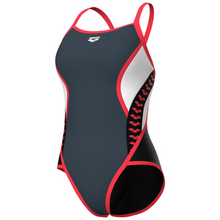 Load image into Gallery viewer, womens-arena-icons-swimsuit-super-fly-back-stripe-panel-asphalt-black-white-bright-coral-006644-551-ontario-swim-hub-1
