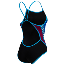 Load image into Gallery viewer,      womens-arena-icons-swimsuit-super-fly-back-stripe-panel-black-neon-blue-red-fandan-006644-584-ontario-swim-hub-3
