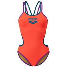 Load image into Gallery viewer, womens-arena-one-double-cross-back-swimsuit-bright-coral-purple-blue-cosmo-004732-998-ontario-swim-hub-2
