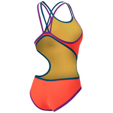 Load image into Gallery viewer, womens-arena-one-double-cross-back-swimsuit-bright-coral-purple-blue-cosmo-004732-998-ontario-swim-hub-3

