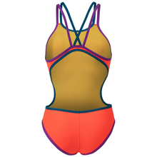 Load image into Gallery viewer, womens-arena-one-double-cross-back-swimsuit-bright-coral-purple-blue-cosmo-004732-998-ontario-swim-hub-4

