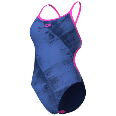Blue and pink swimsuit with 'arena' branding on a white background