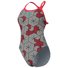 Load image into Gallery viewer, womens-arena-swimsuit-geometry-booster-back-multi-black-bright-coral-010178-540-ontario-swim-hub-1
