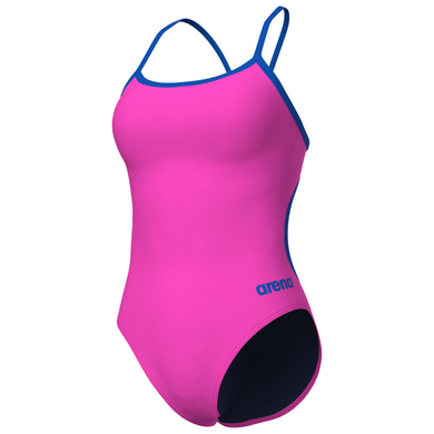 Pink swimsuit with blue accents on a white background