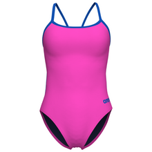 Load image into Gallery viewer, Pink swimsuit with blue straps on a white background
