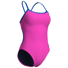 Load image into Gallery viewer, Pink swimsuit with blue straps on a white background
