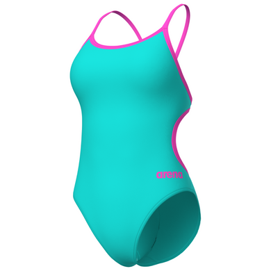 Teal swimsuit with pink accents on a white background