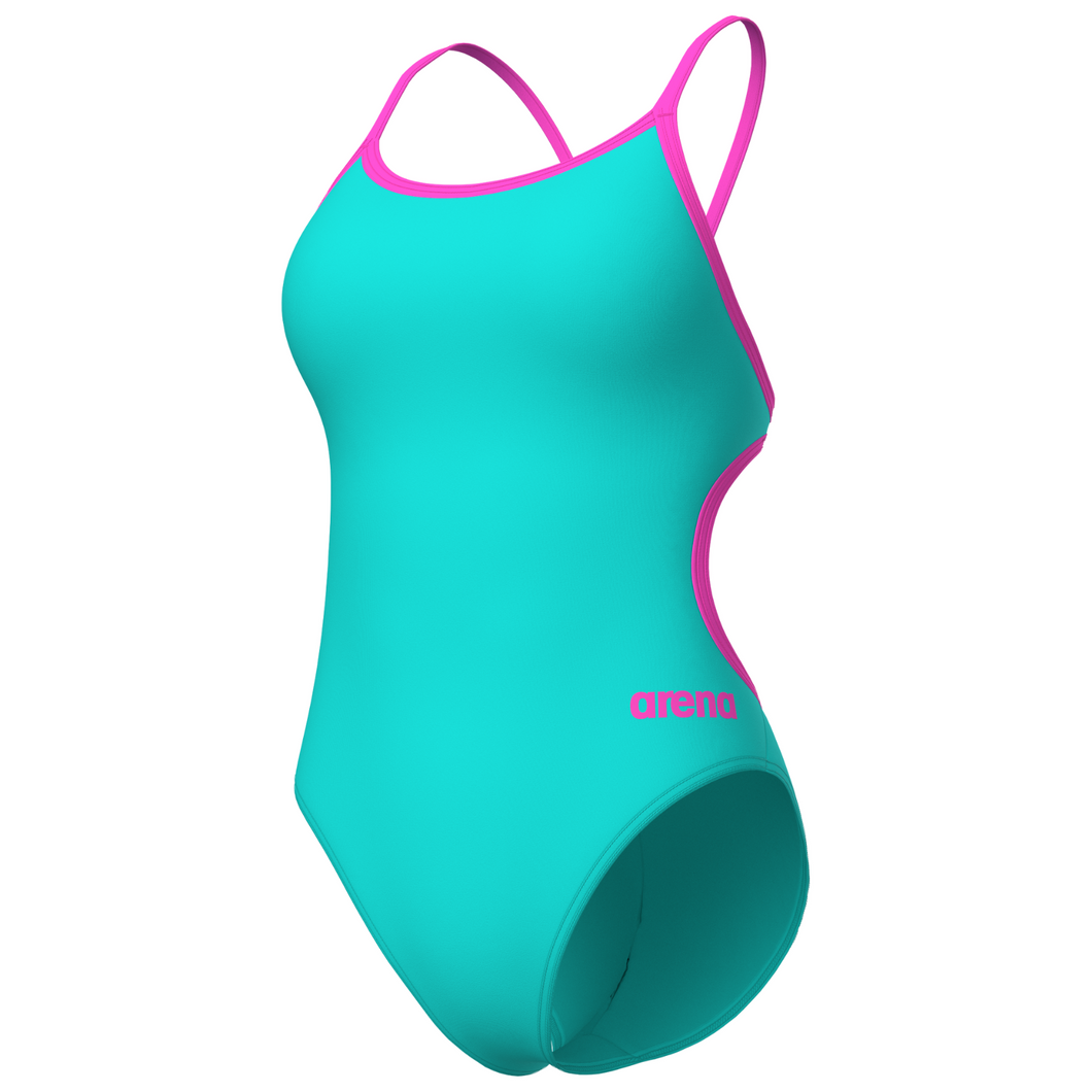 Teal swimsuit with pink accents on a white background