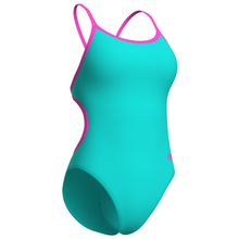 Load image into Gallery viewer, Teal swimsuit with pink straps on a white background
