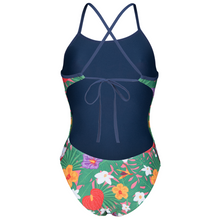 Load image into Gallery viewer, Green swimsuit with colorful floral design on a white background
