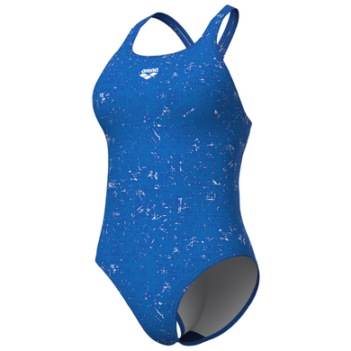 Blue swimsuit with white speckles on a white background