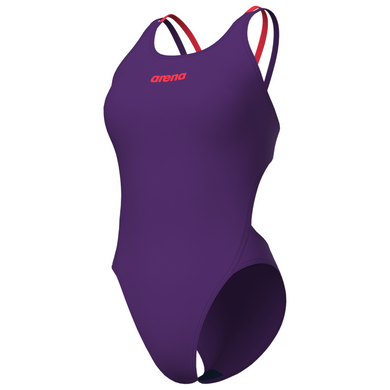 Purple swimsuit with coral straps on a white background