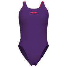 Load image into Gallery viewer, Purple swimsuit with coral red accents on a white background
