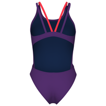 Load image into Gallery viewer, Purple swimsuit with coral red straps on a white background
