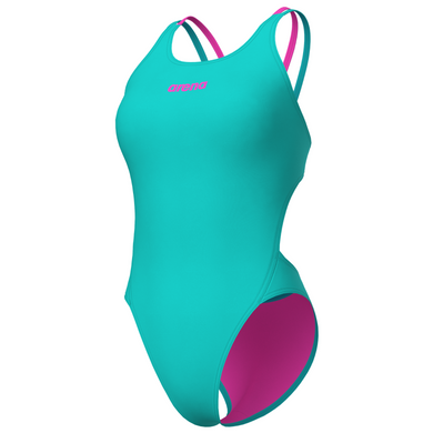 Turquoise and pink swimsuit with a brand logo on a white background
