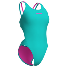 Load image into Gallery viewer, Teal and pink swimsuit with Arena logo on a white background
