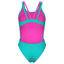 Load image into Gallery viewer, Pink and teal swimsuit on a white background
