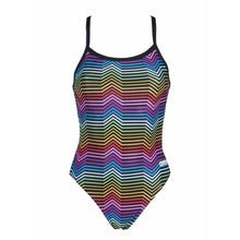 Load image into Gallery viewer, ARENA - W MULTICOLOR STRIPES CHALLENGE BACK ONE PIECE - BLACK:MULTI (002828-550) front

